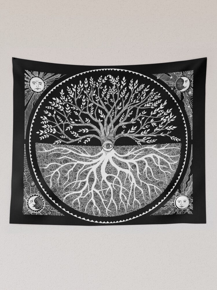 Tree As Above, So Below Tapestry  Black & White 82x55