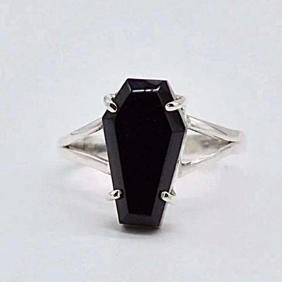 Black Glass Coffin Ring - Metal Alloy