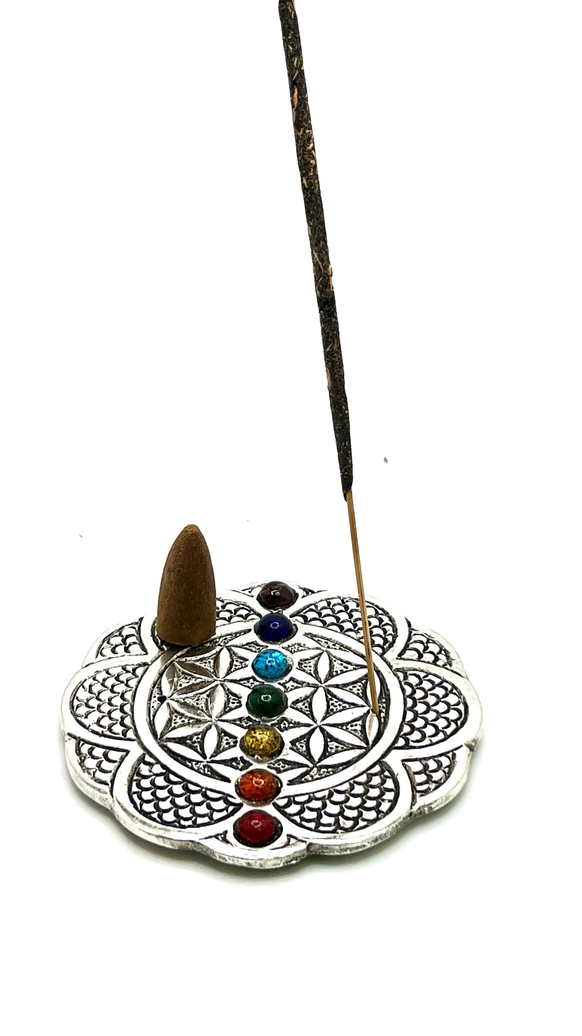 Metal Flower of Live with Chakra Stones Incense Burner