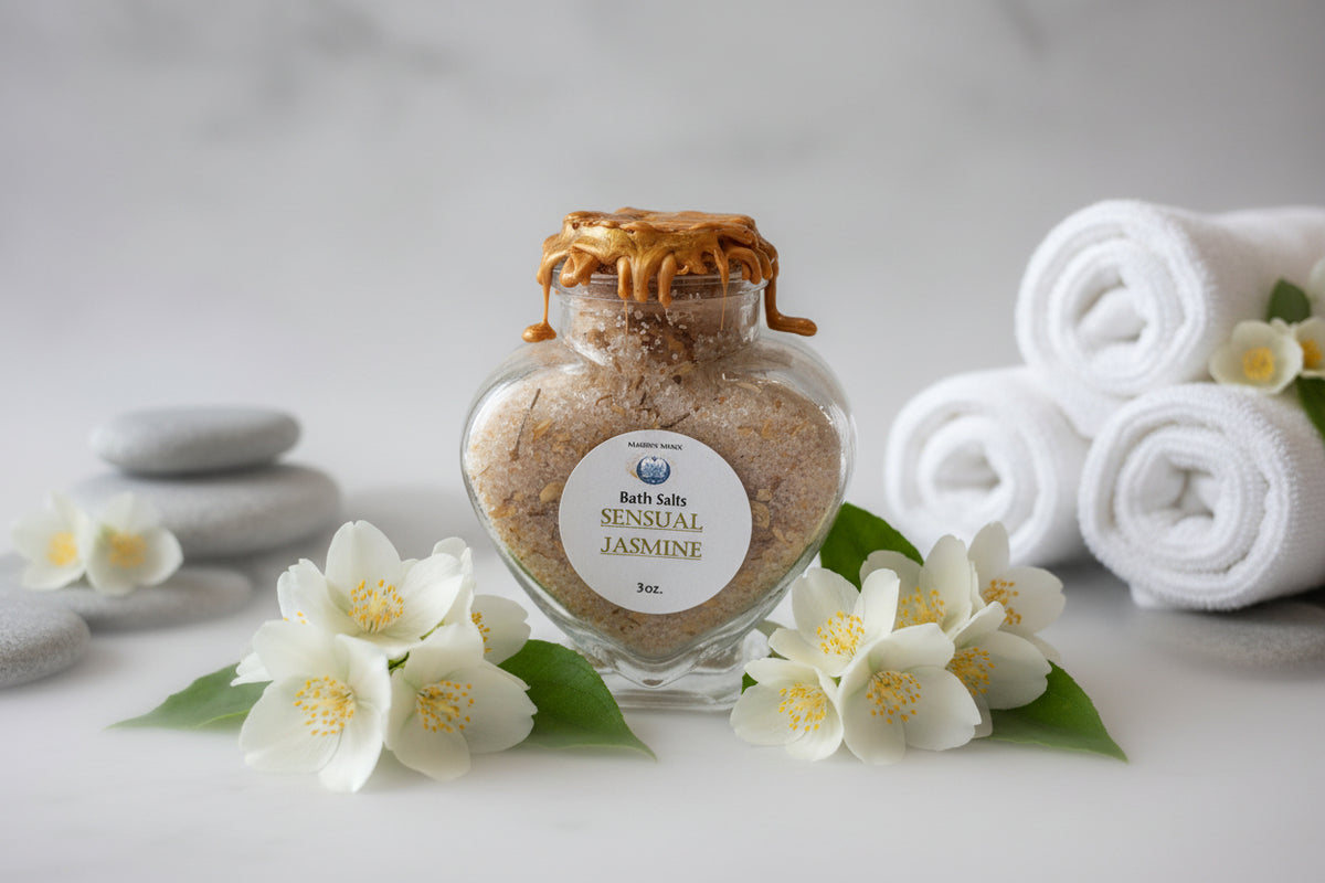 Jar of bath salts labeled 'Sensual Jasmine' on a white background