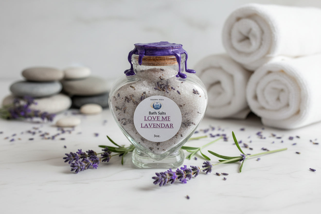 Bottle of lavender bath salts with a label on a white surface.