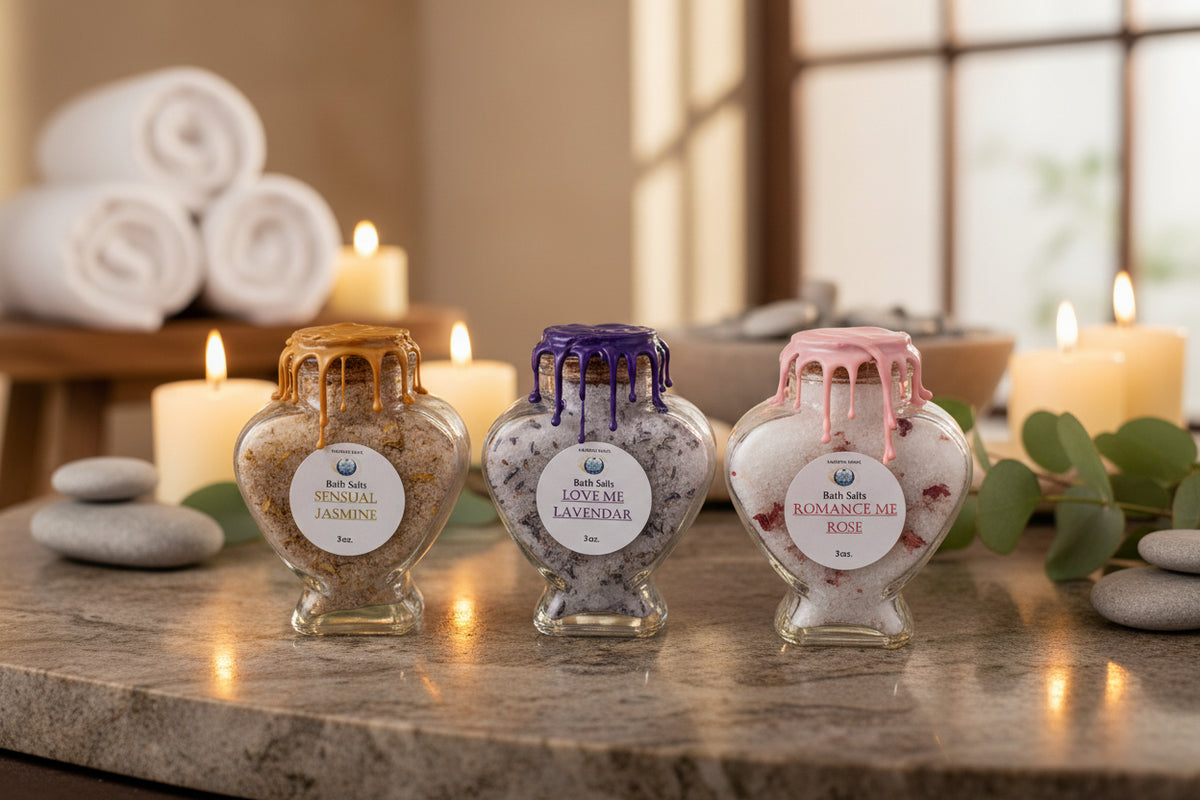 Three glass jars with decorative lids on a white surface, with a blurred store background.