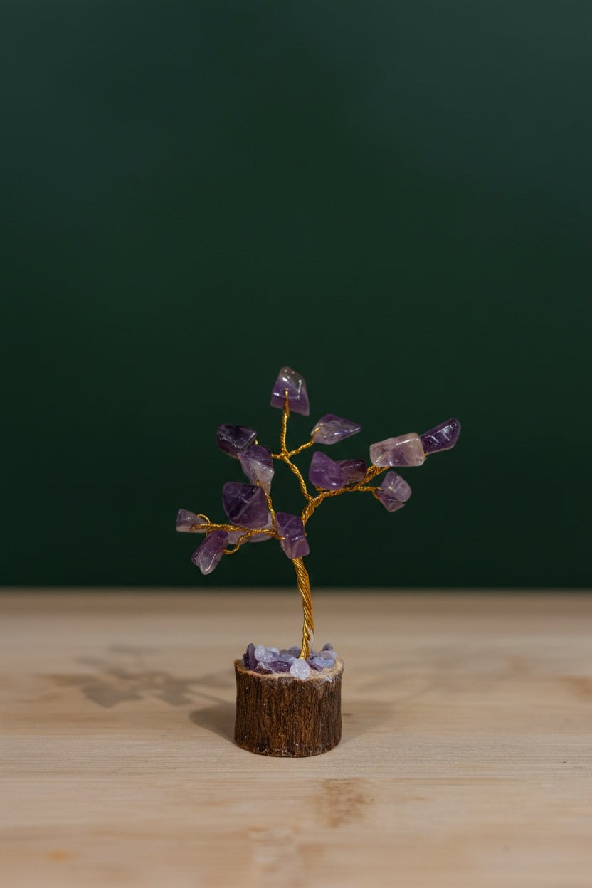 Mini Crystal Chip Tree (golden wire) Wood Base