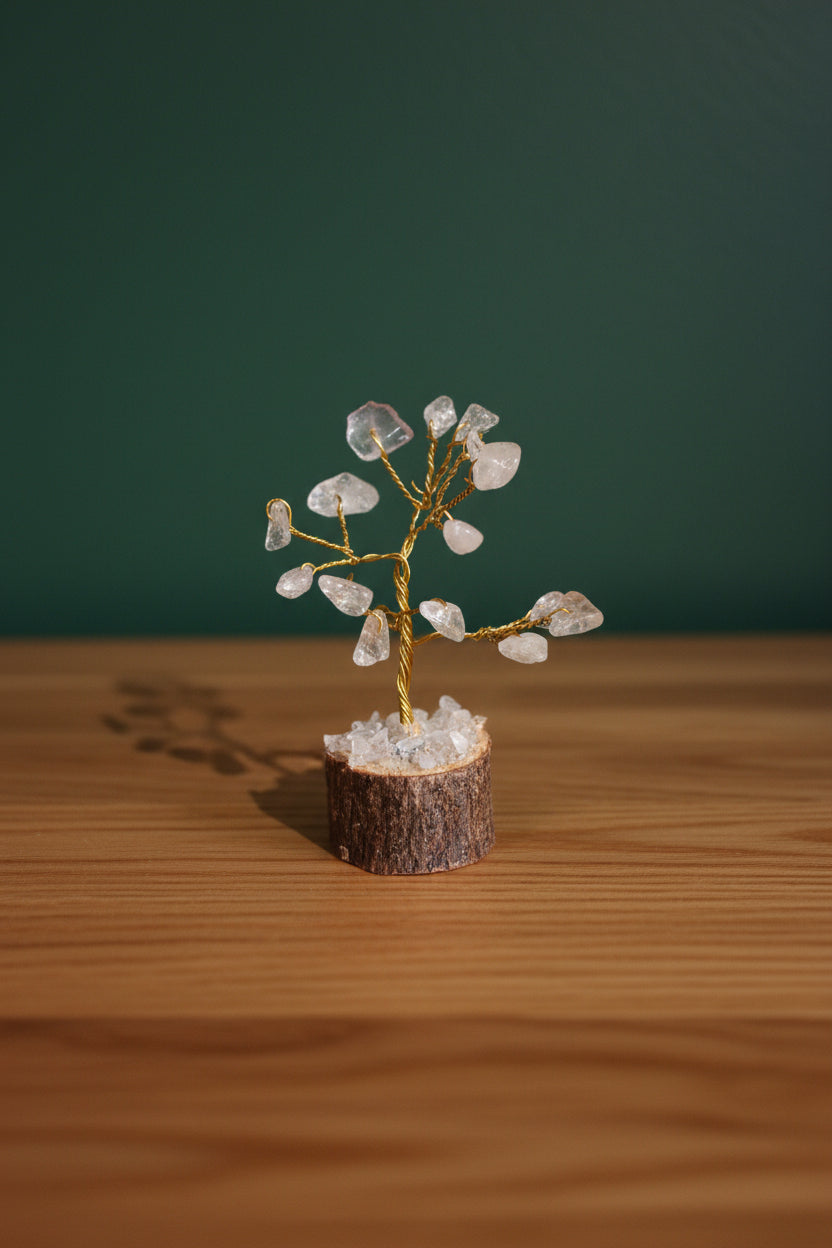Mini Crystal Chip Tree (golden wire) Wood Base