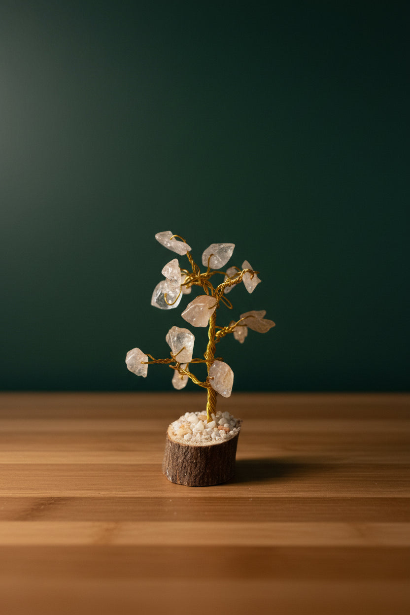 Mini Crystal Chip Tree (golden wire) Wood Base