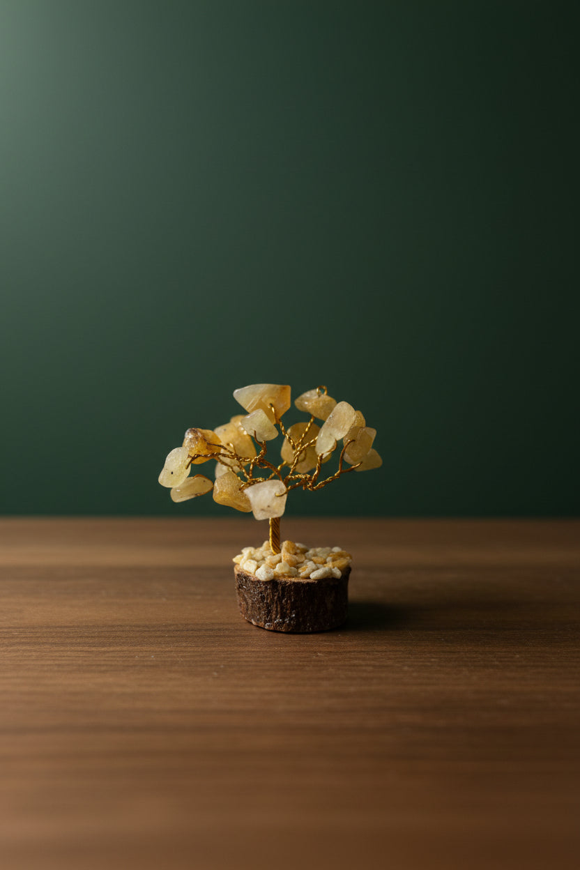 Mini Crystal Chip Tree (golden wire) Wood Base