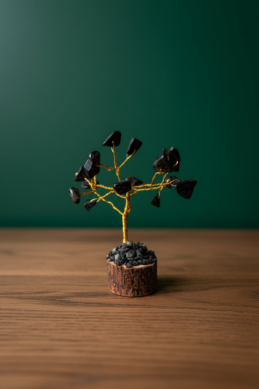 Mini Crystal Chip Tree (golden wire) Wood Base
