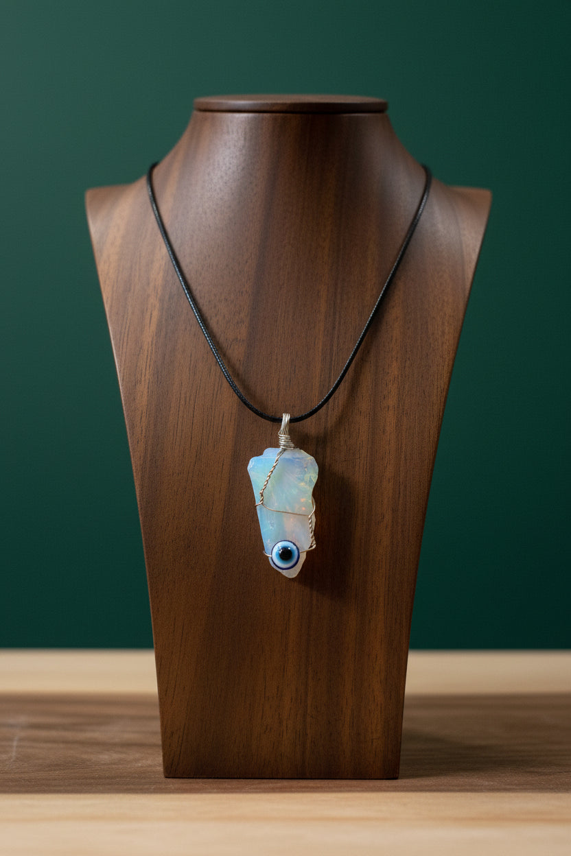 Evil Eye on Rough Crystal Necklace on Black Cord
