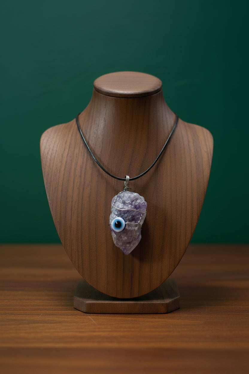 Evil Eye on Rough Crystal Necklace on Black Cord