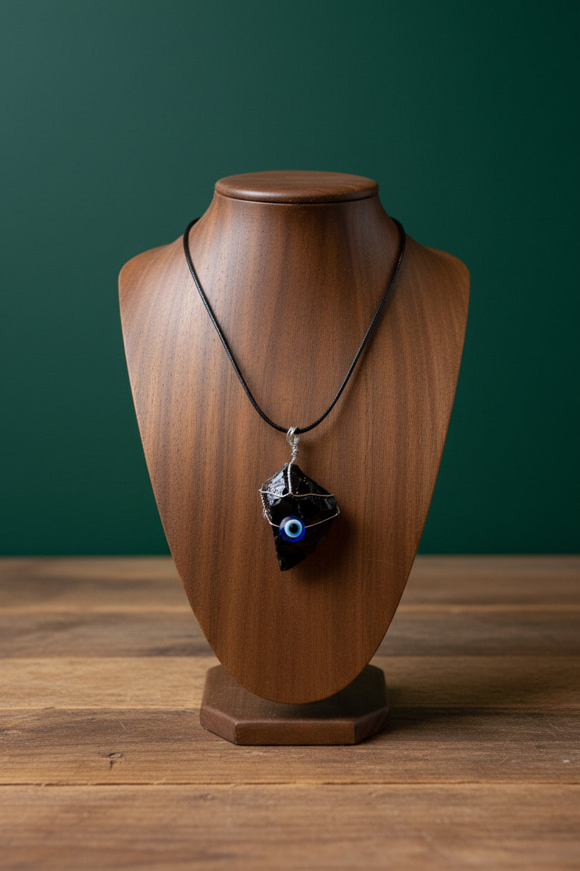 Evil Eye on Rough Crystal Necklace on Black Cord