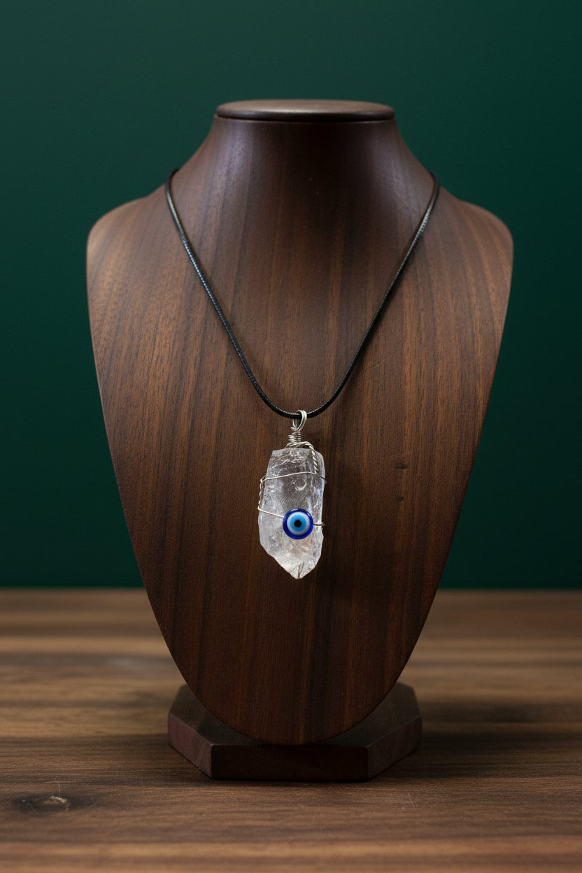 Evil Eye on Rough Crystal Necklace on Black Cord