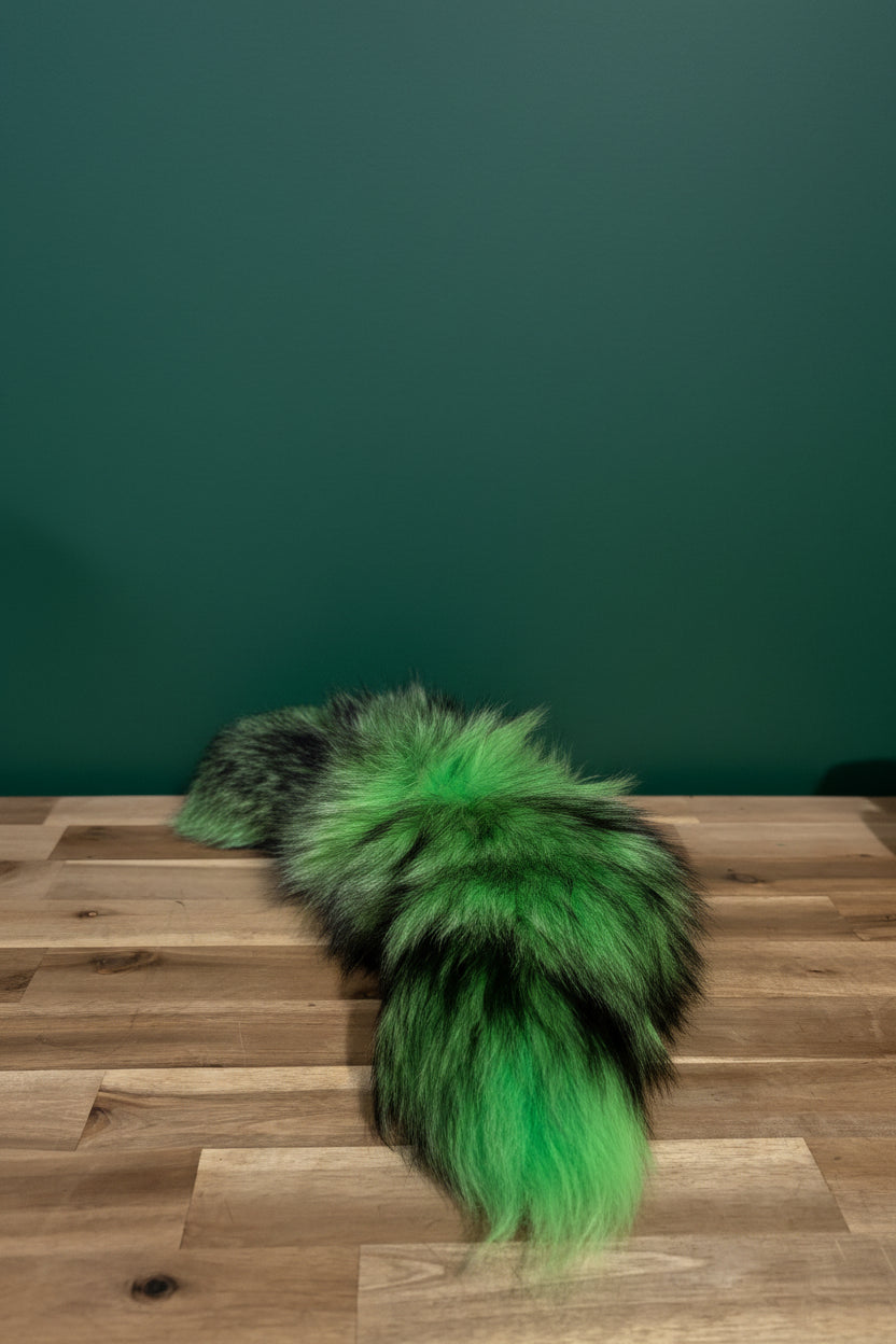 A fluffy fox tail with a vibrant green and black ombre pattern, laid out on a wooden floor against a wooden plank wall.