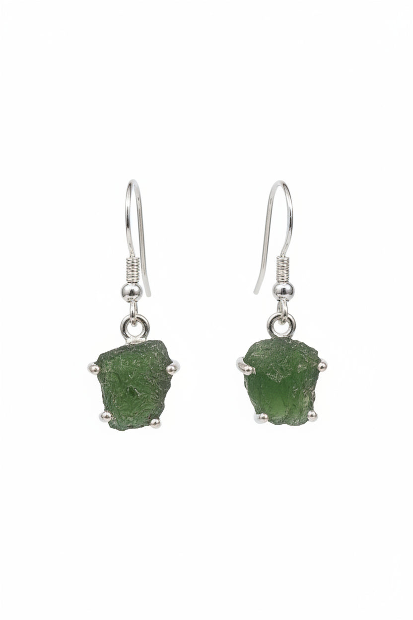Raw Moldavite Sterling Silver Earring