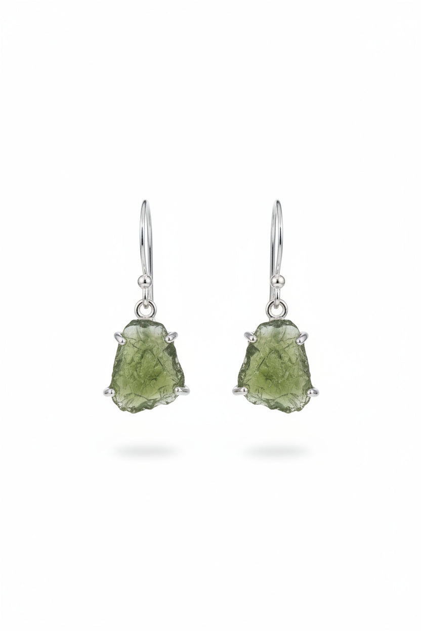 Raw Moldavite Sterling Silver Earring