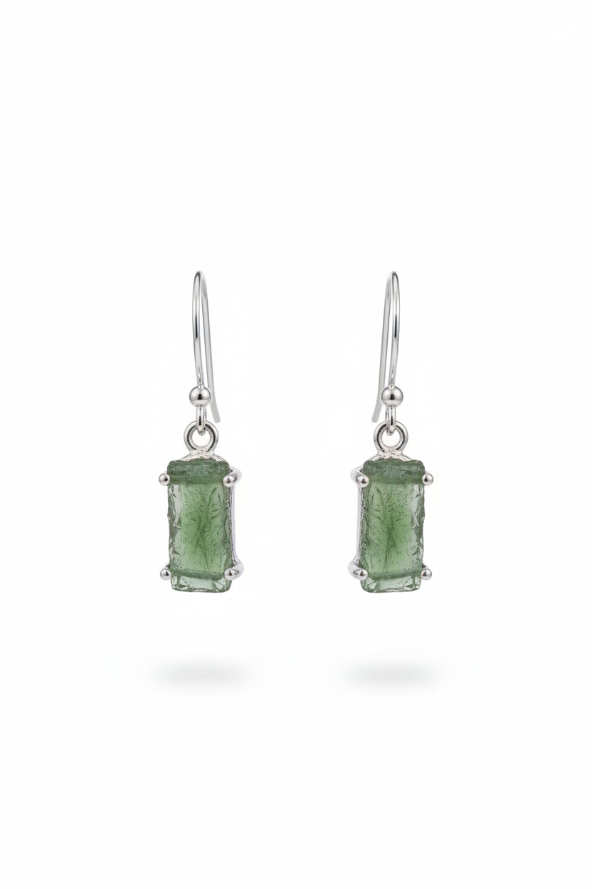 Raw Moldavite Sterling Silver Earring