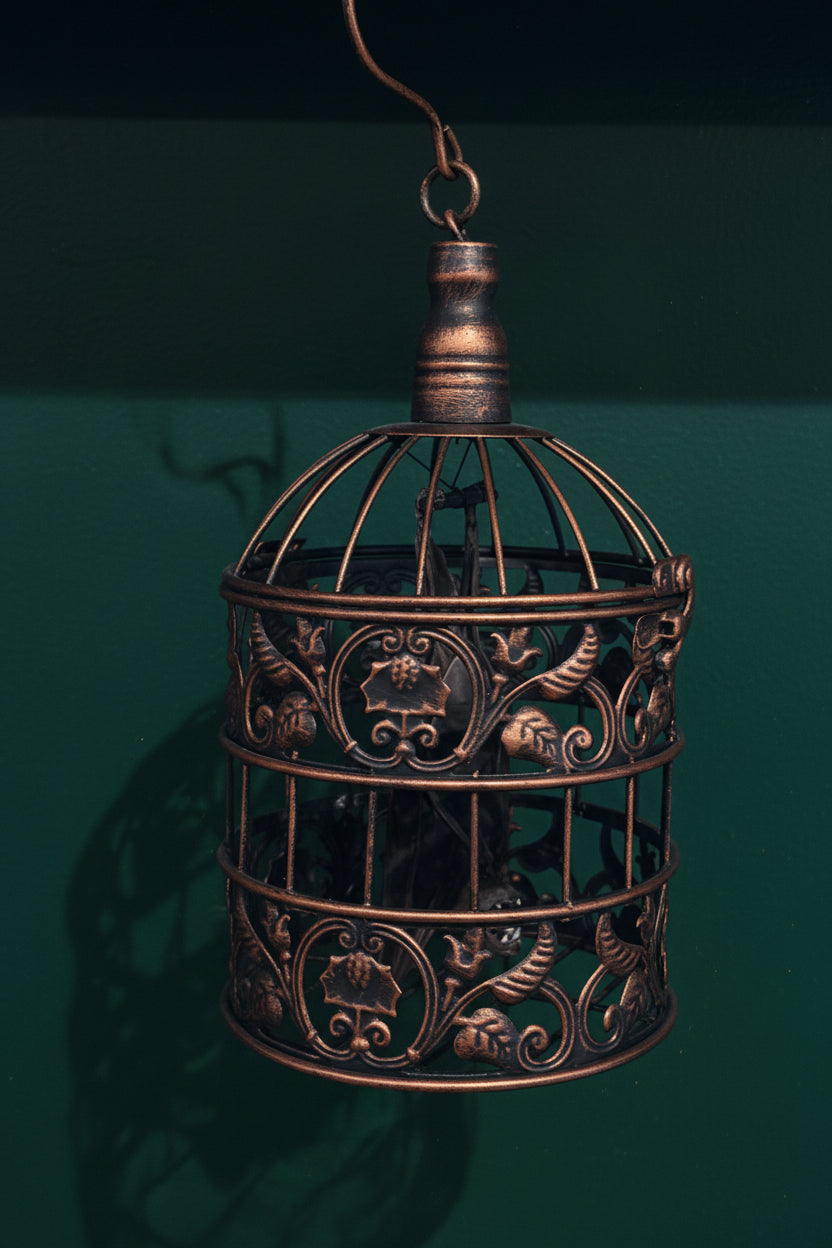 Hanging Bat in Bronzed Cage - Taxidermy
