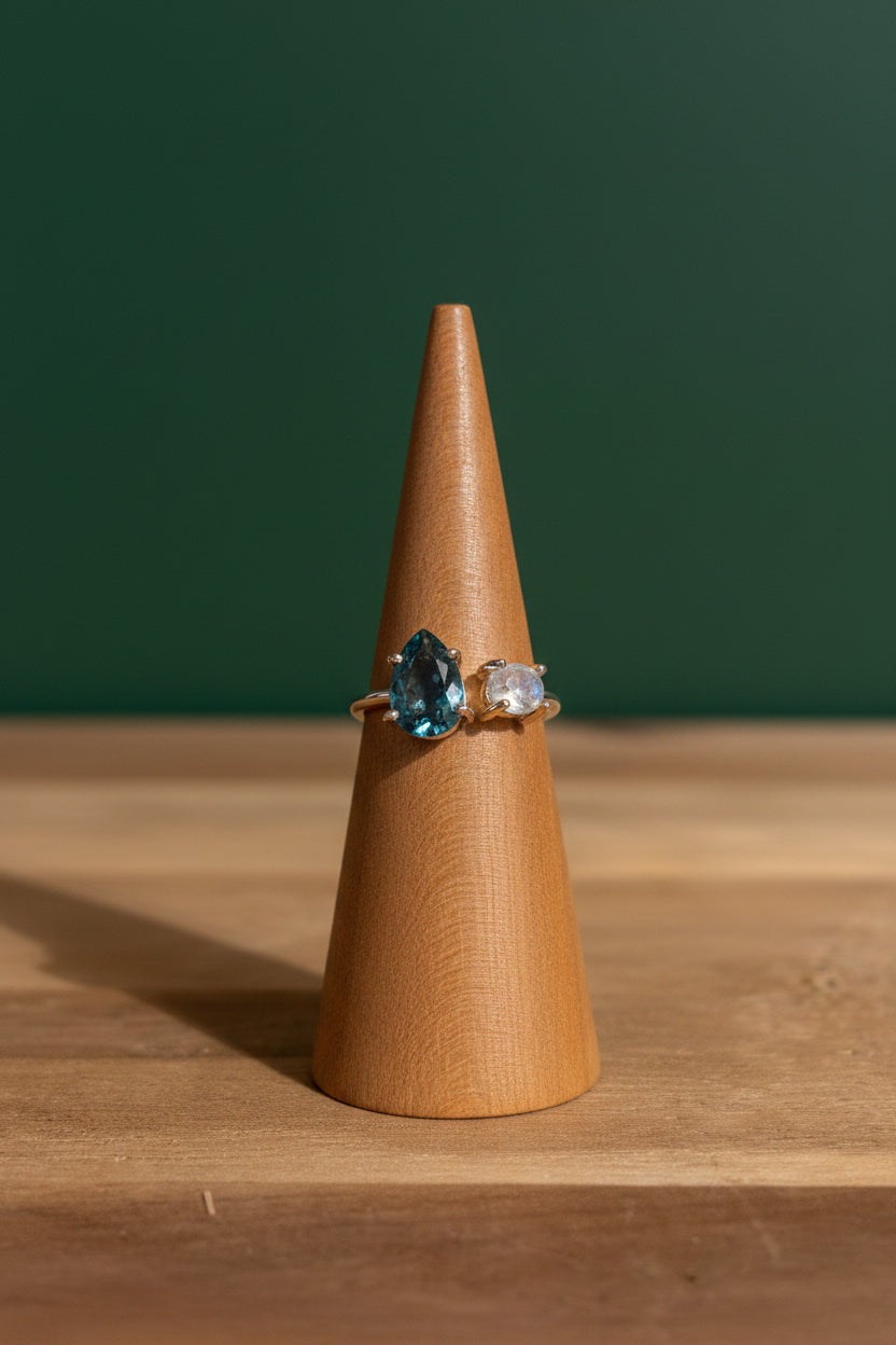 Belgian Fluorite &amp; Moonstone Sterling Silver Ring Size 7 / Adjustable