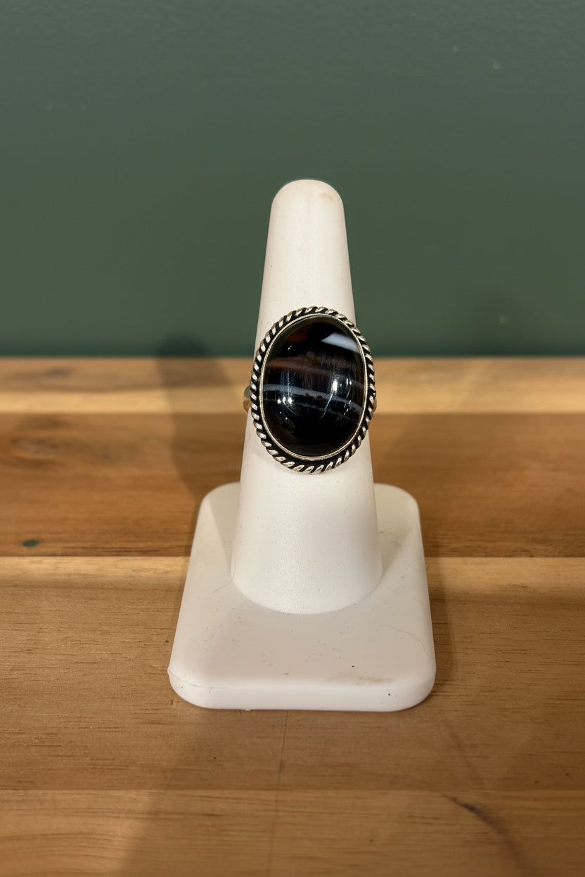 Black Agate Ring, size 7  – Silver-Plated over Brass