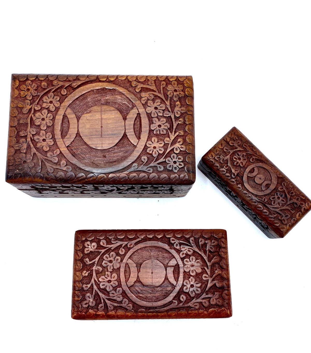 Carved Triple Moon Wooden Box 6x3"