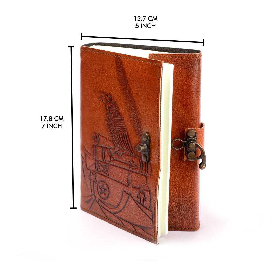 Brown leather journal with embossed design and measurements on a white background