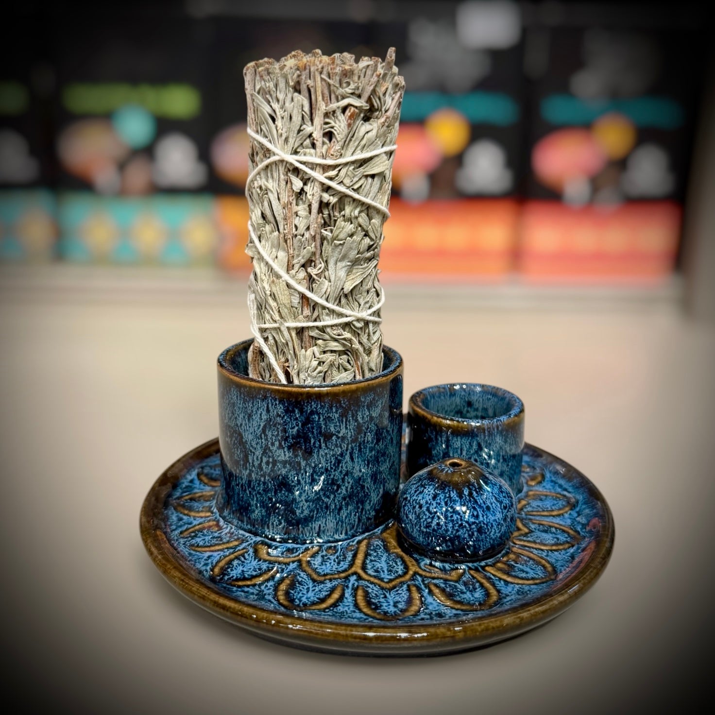 Sage, Incense, Palo Santo Ceramic Burner - Blue Ocean