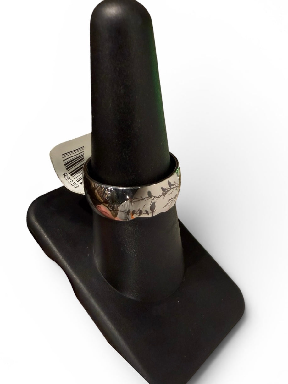 Band with Etched Birds Stainless Steel Ring