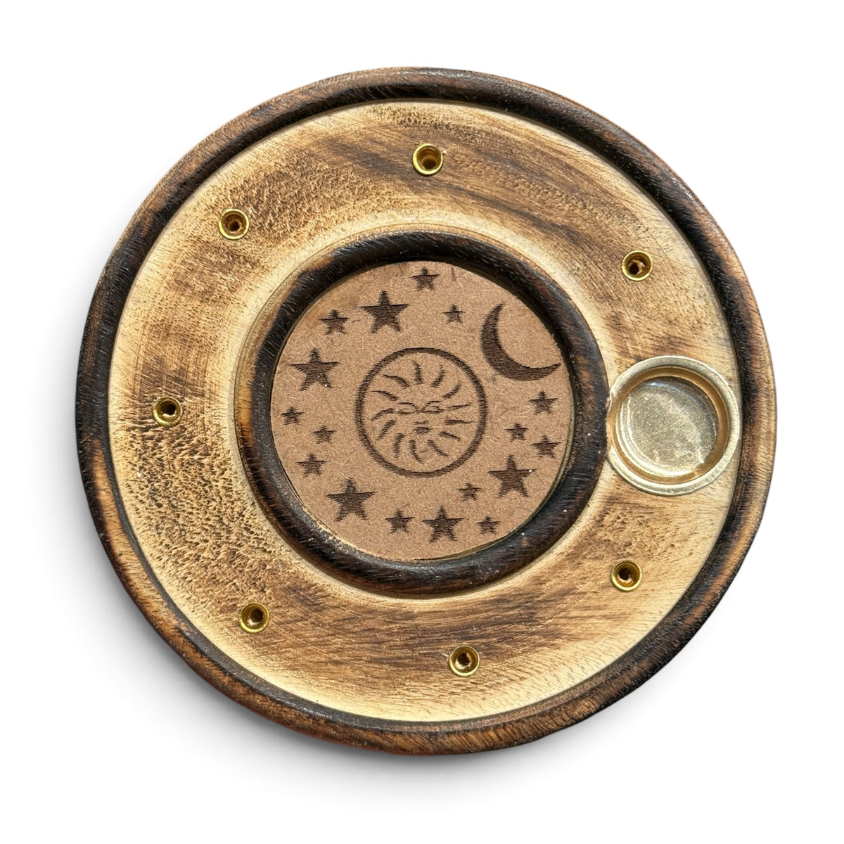 Round Wooden Incense Stick/Cone Burner Sun, Moon & Stars