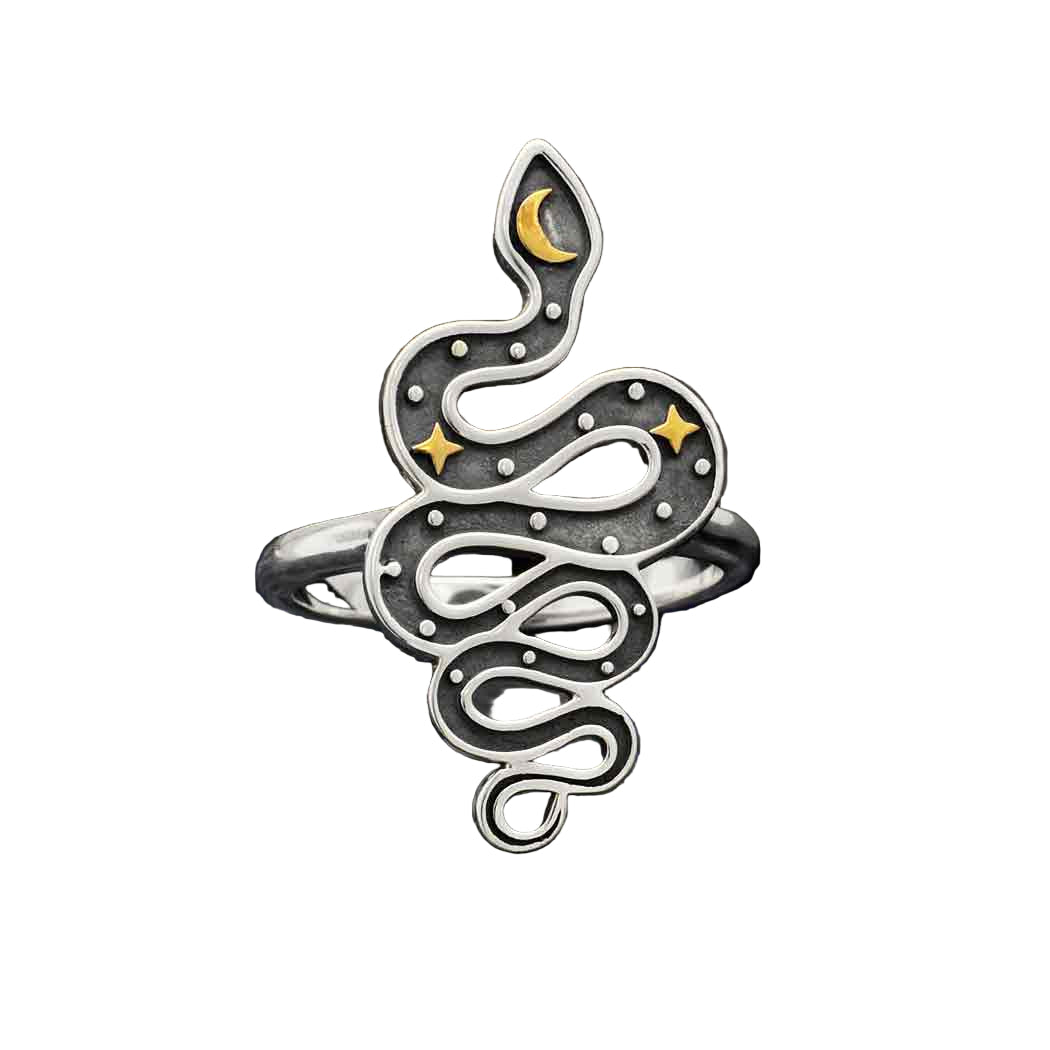 Sterling Silver Snake Ring with Bronze Star and Moon