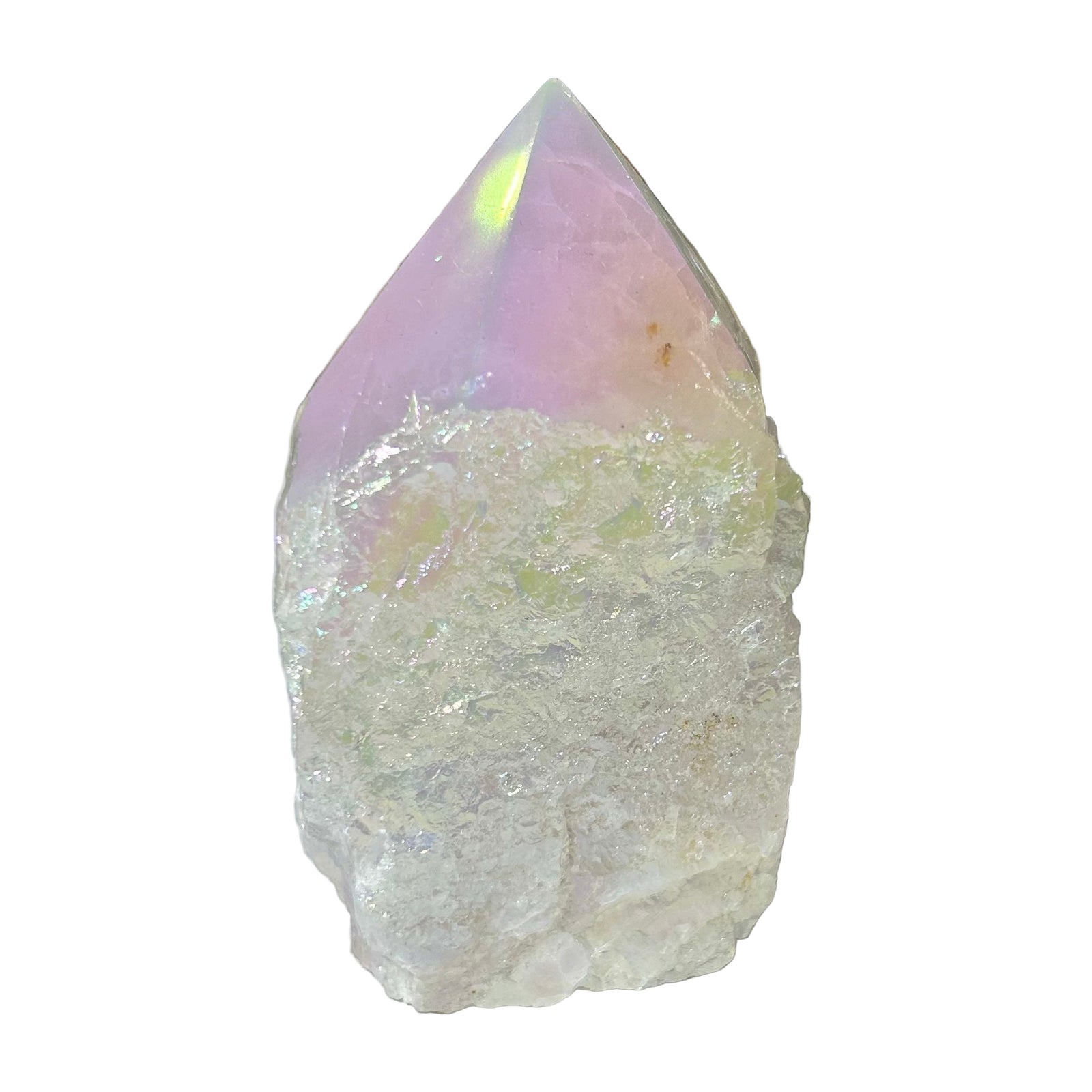 Crystal with a pink and white tip on a white surface, blurred background