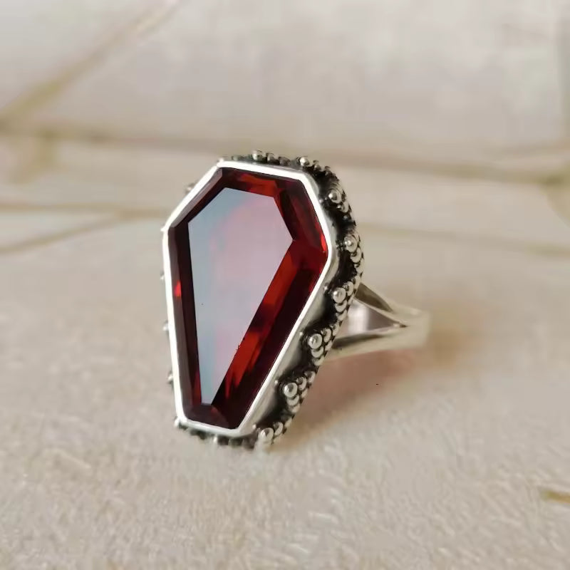 Red Glass Coffin Ring - Metal Alloy
