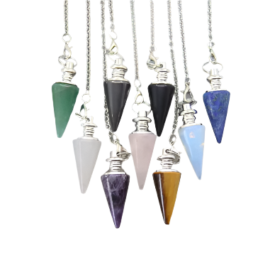A collection of conical crystal pendulums in various colors, each attached to a silver-colored chain and cap.