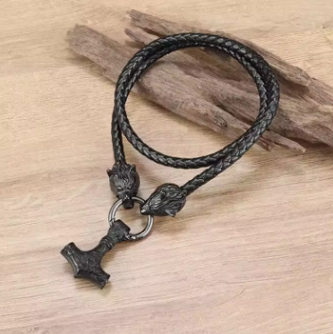 Mjolnir Necklace with Twin Wolves