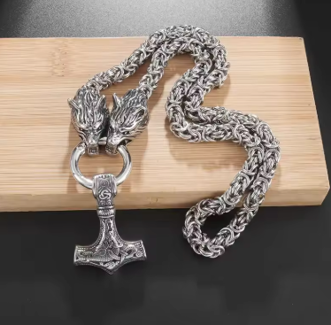 Mjolnir Necklace with Twin Wolves