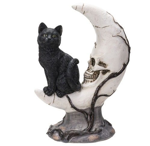 Black Cat on Moon Skull Statue