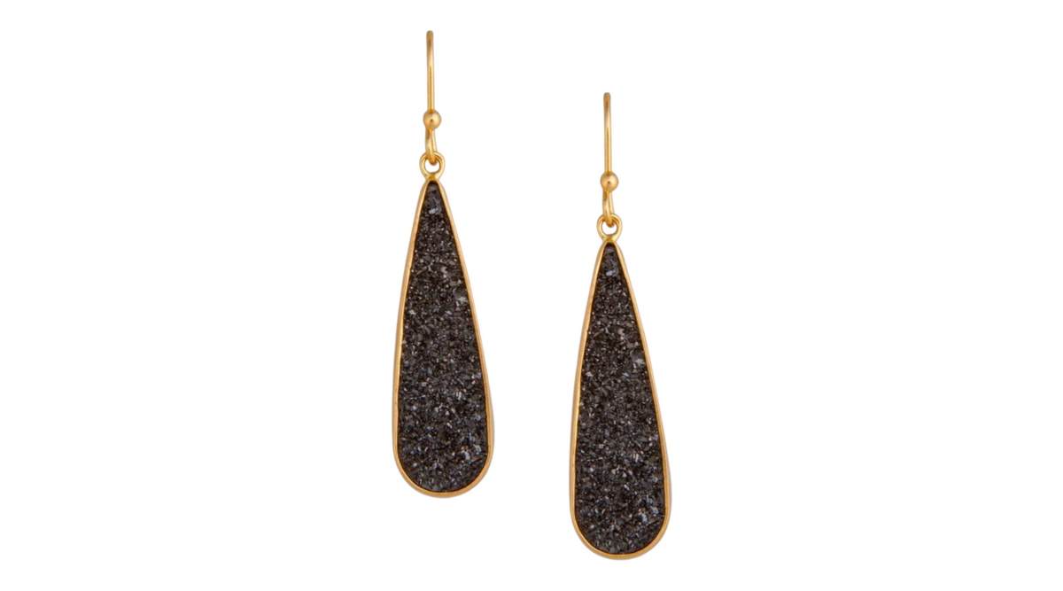 Black Druzy Teardrop Alchemia Gold Earrings
