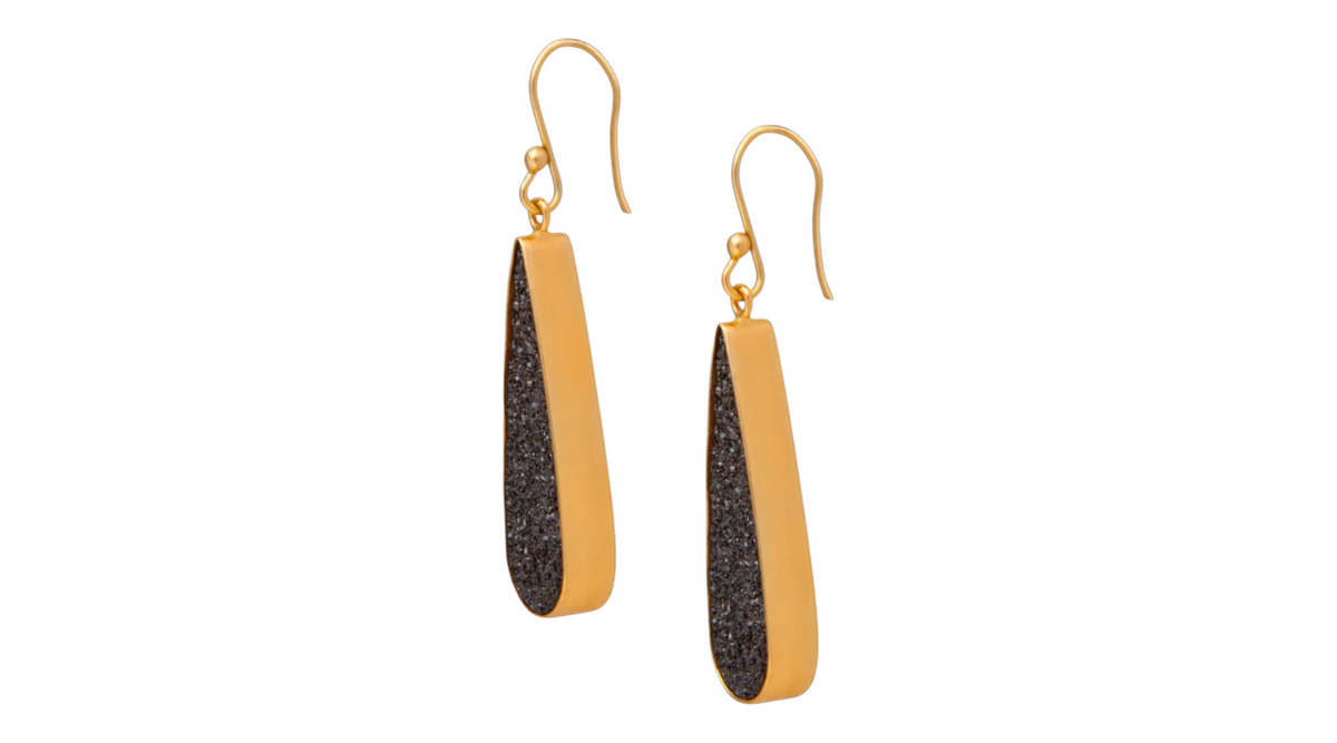 Black Druzy Teardrop Alchemia Gold Earrings