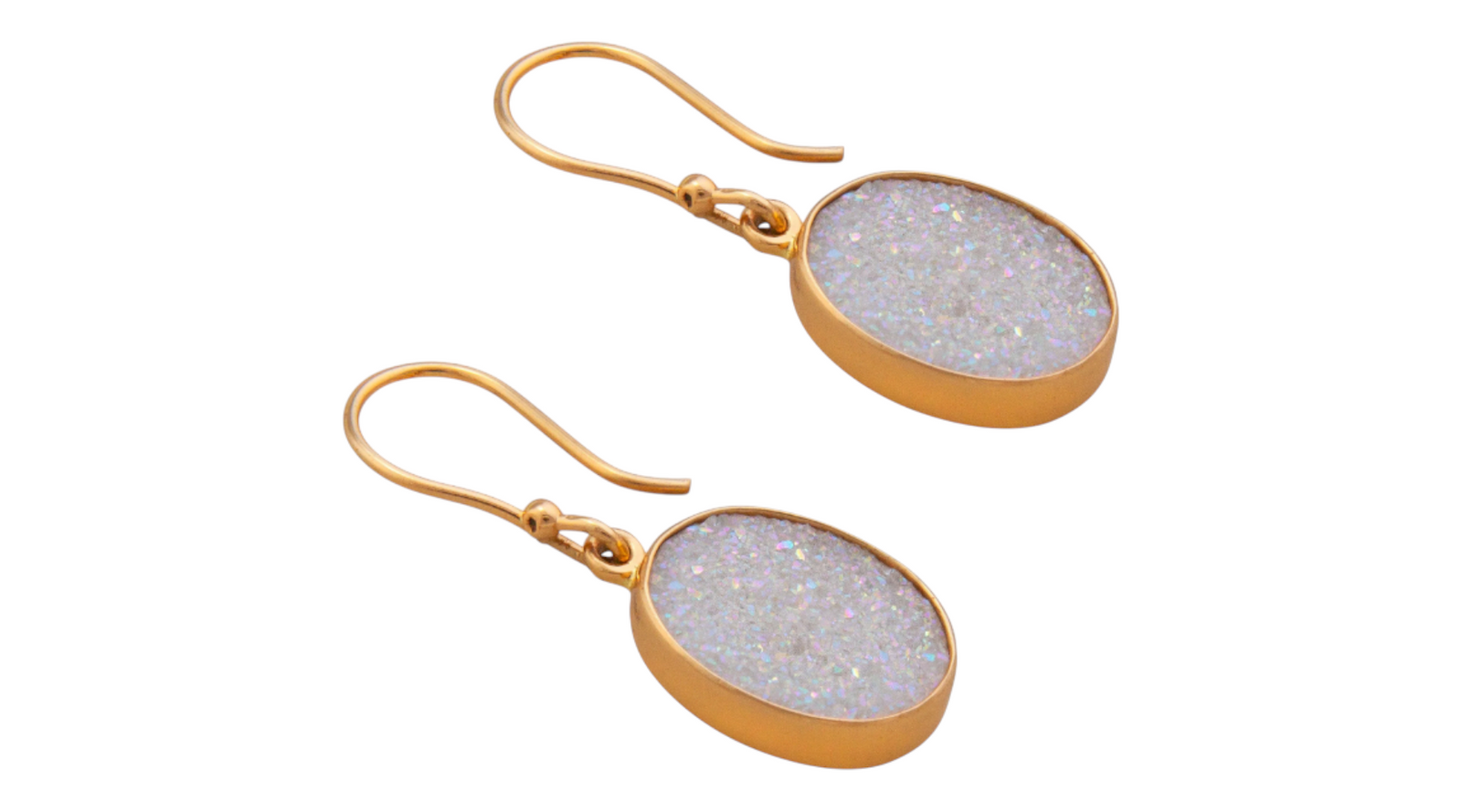 White Aura Quartz Druzy Dangle Alchemia Gold Earrings