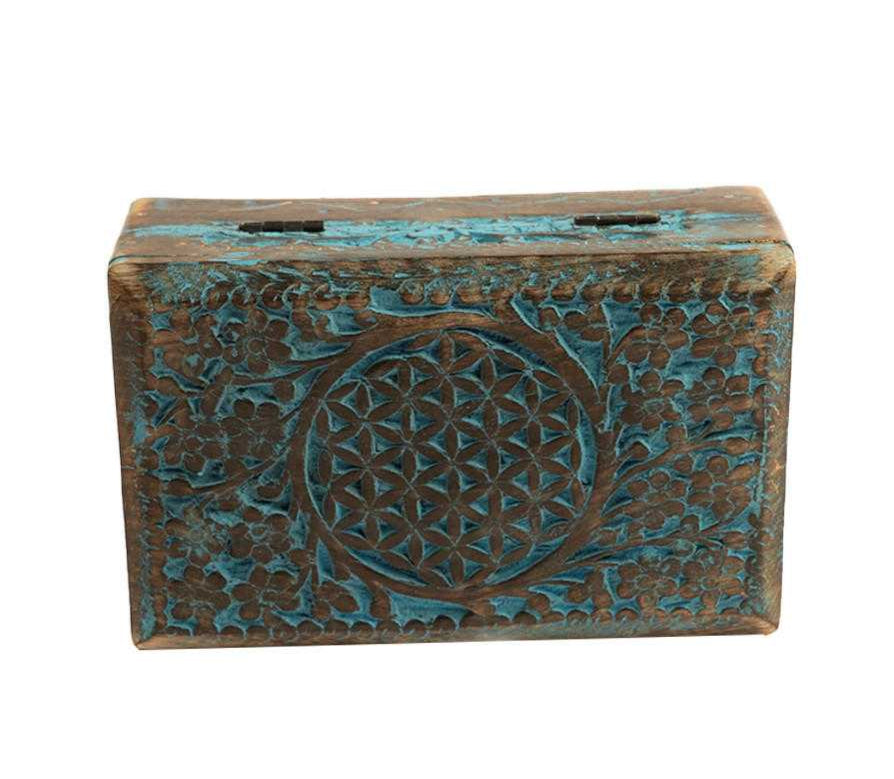 Flower of Life Blue Wood Box 8"x5"x3"