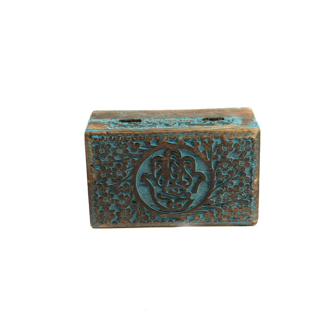 Hamsa Blue Wood Box 8"x5"x3"