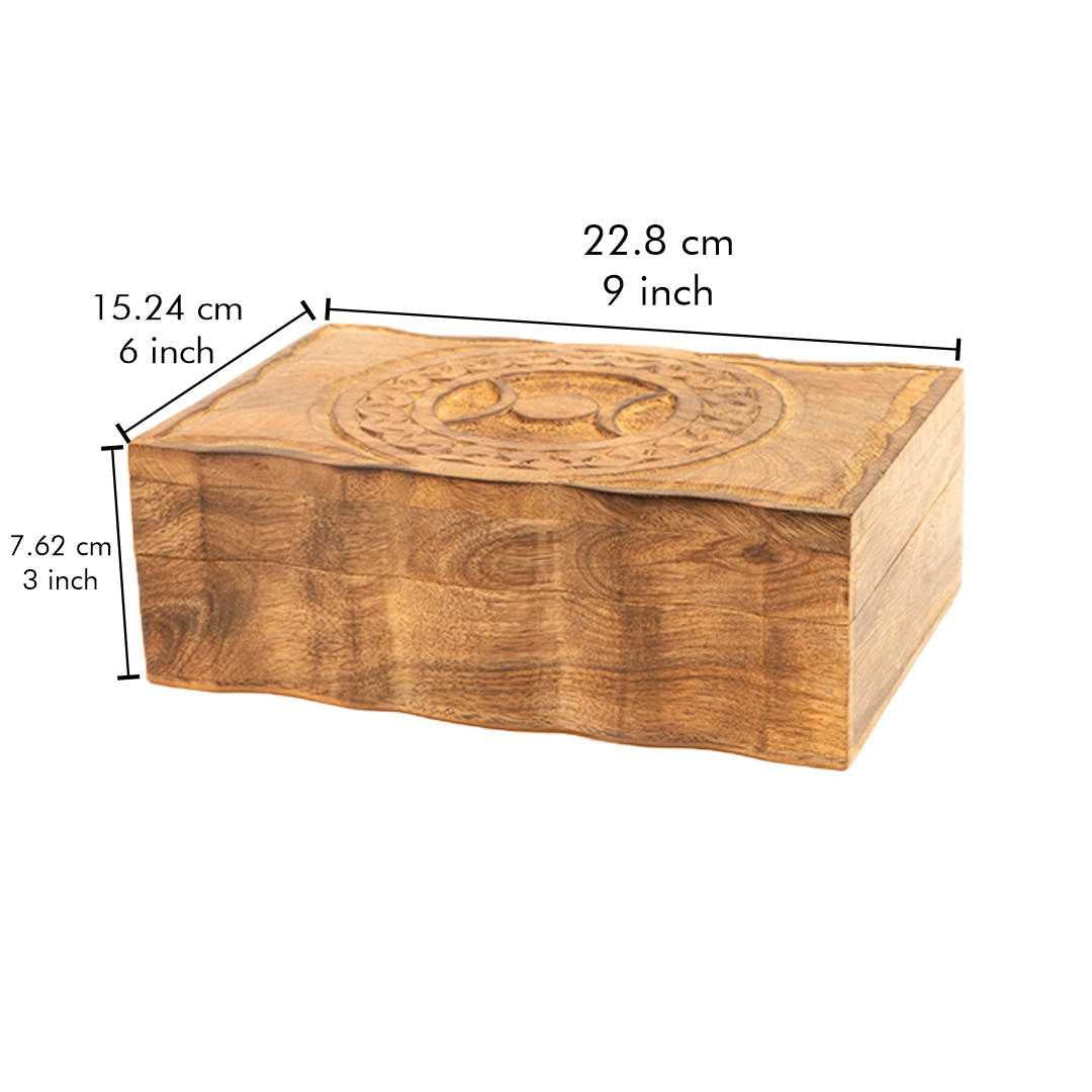 Wooden box with 'Triple Moon' design and measurements on a white background