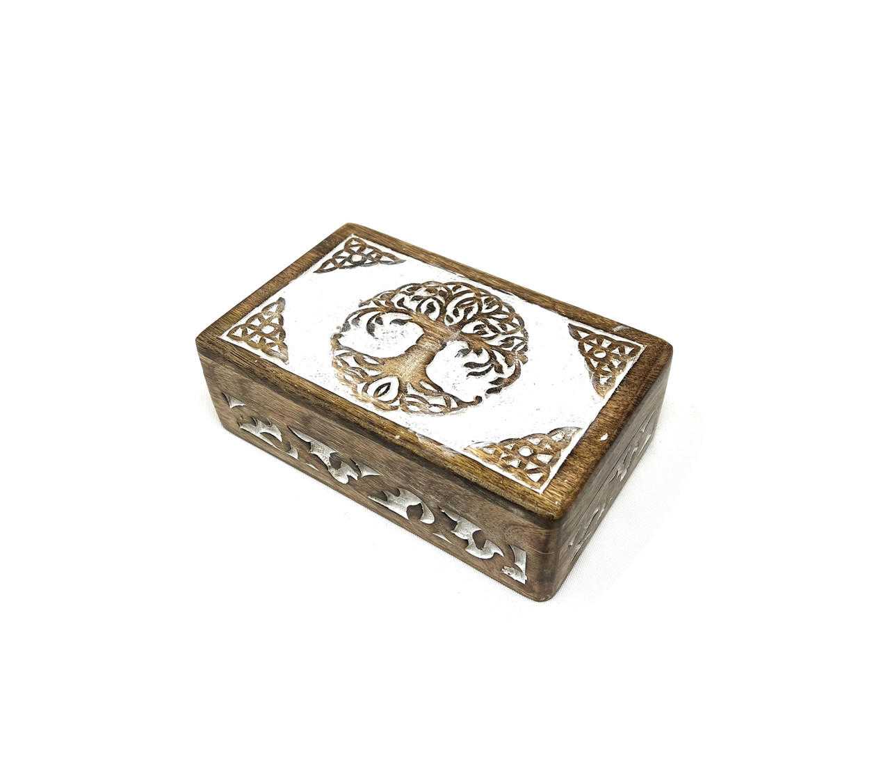 Wooden Handicraft Storage Box 5" x 8" Tree of Life White