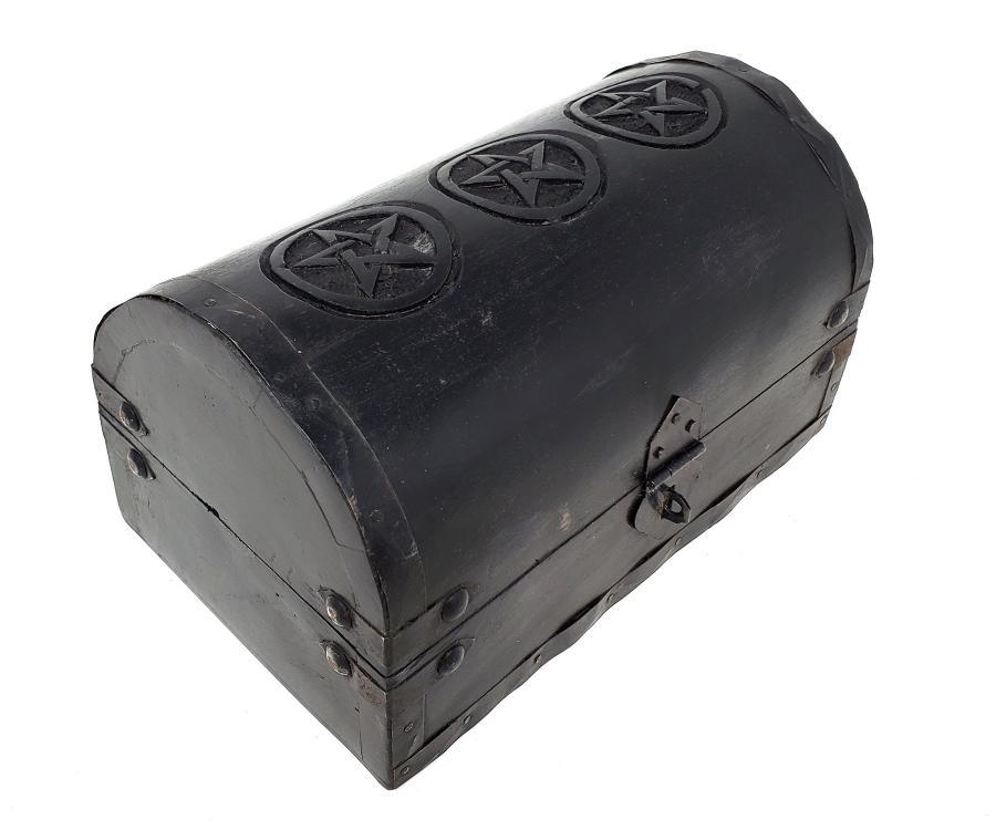 Round top Wood Box With Pentagrams - Black Chest