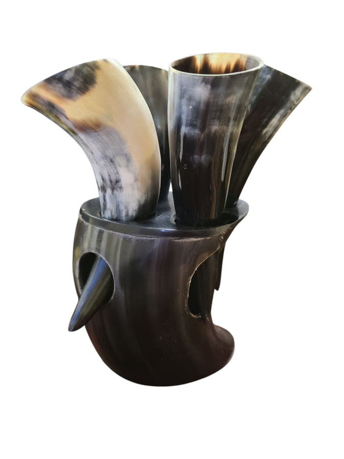 3oz Buffalo Horn Mugs Set – 4 Pc with Black Stand - Handcrafted Viking Drinkware