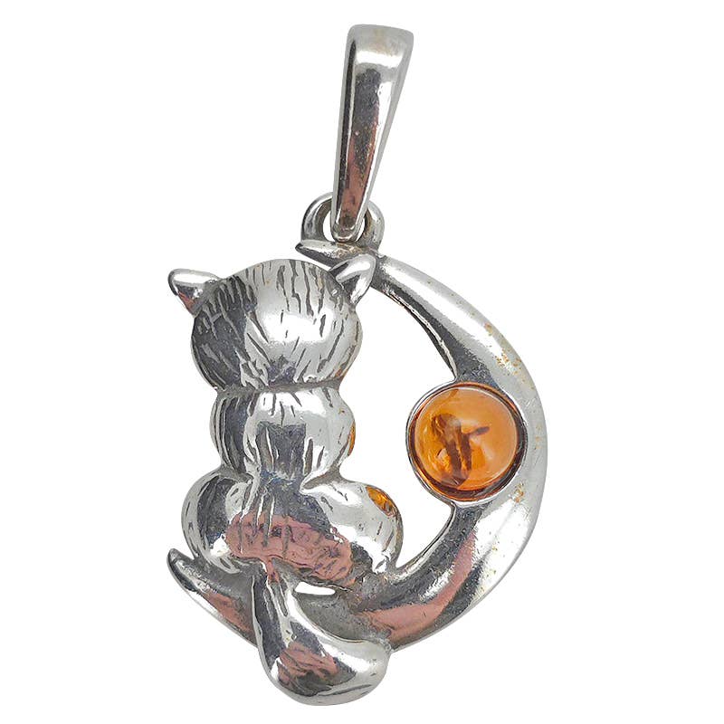 Cat On The Moon Cognac Amber Silver Pendant