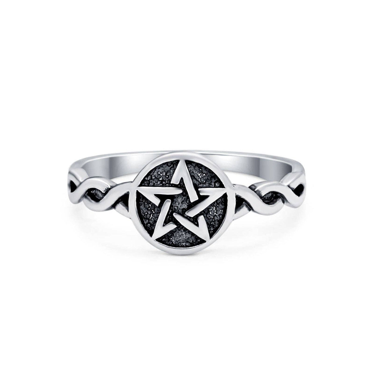 Twisted Braided Shank Oxidized Pentagram sterling Silver Ring