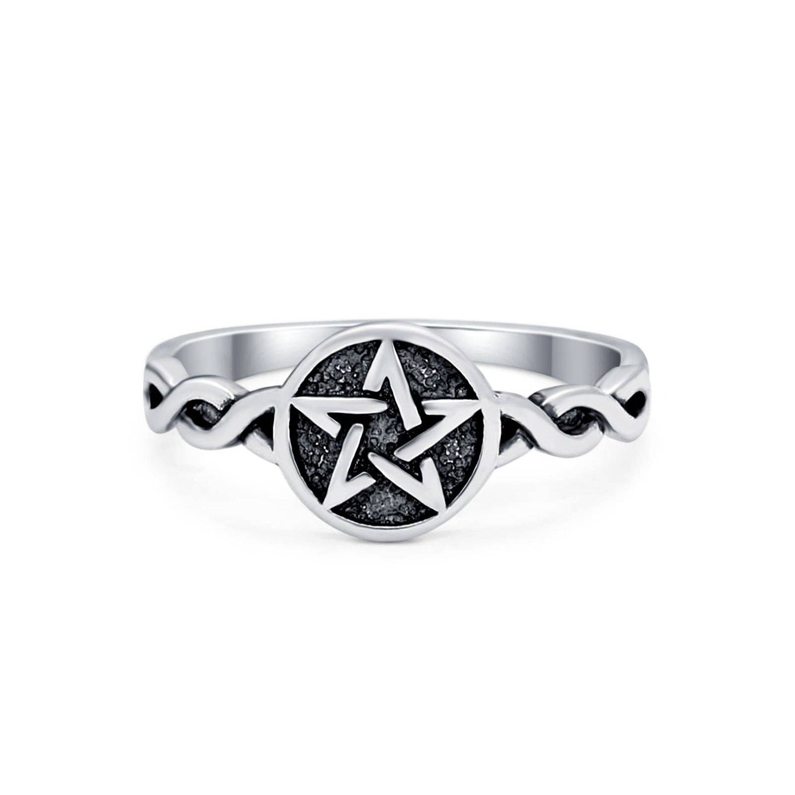 Twisted Braided Shank Oxidized Pentagram sterling Silver Ring