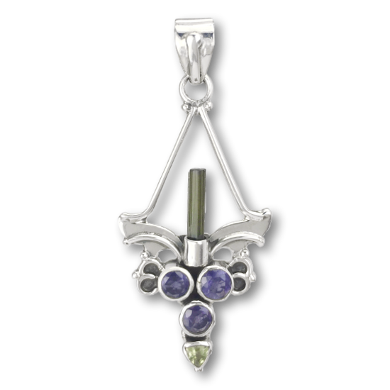 Green Tourmaline Mystic Candella Pendant with Iolite & Peridot Sterling Silver