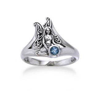 Detailed Fairy Sterling Silver Faery and Genuine Blue Topaz Ring