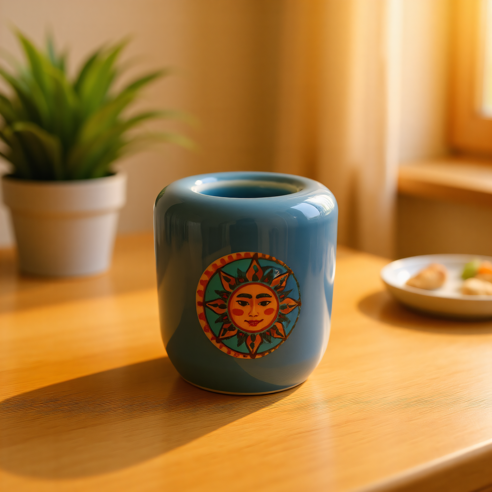 Ceramic Candle Holder Blue with Sun and Moon