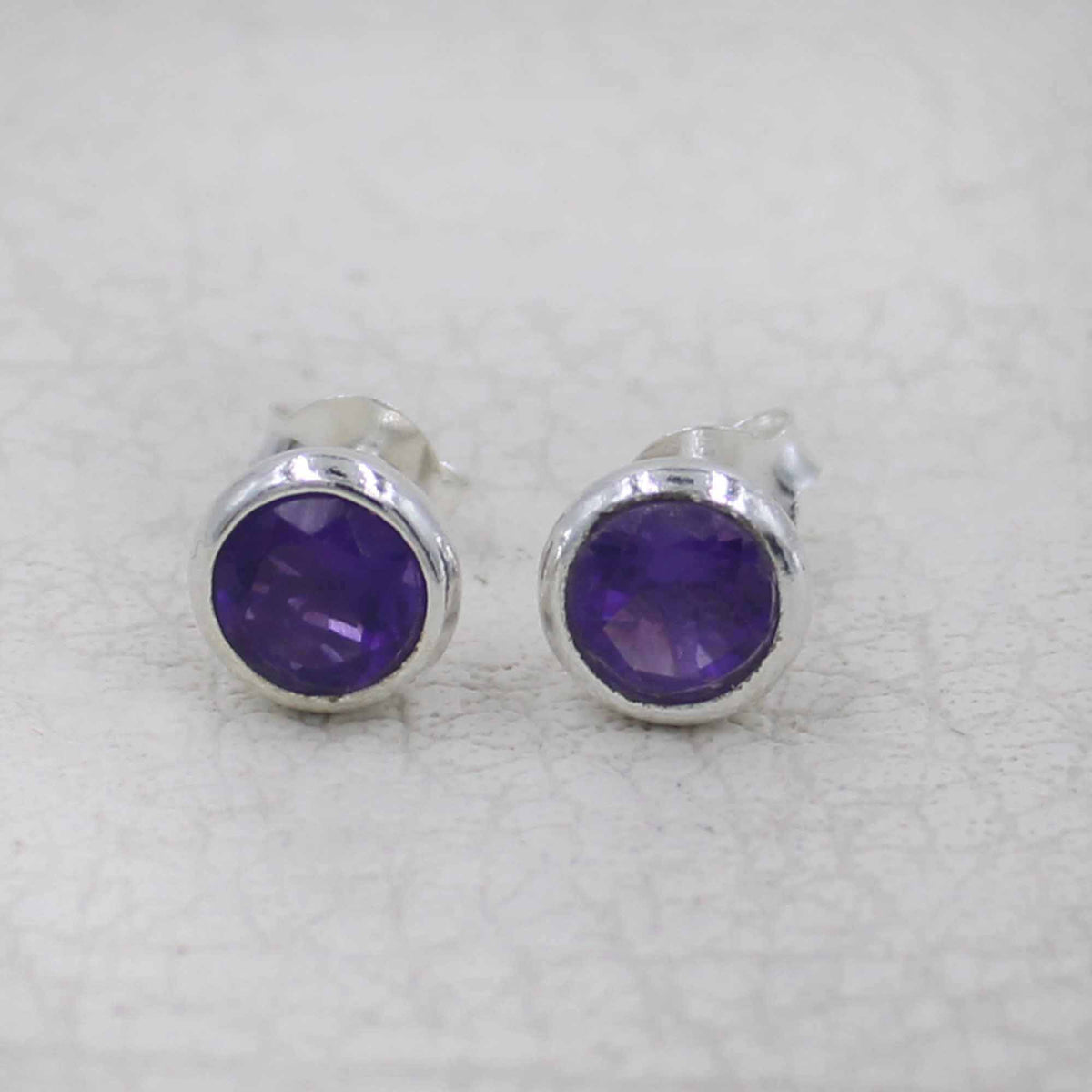 Round Amethyst Stud  Sterling Silver Bezel Earrings